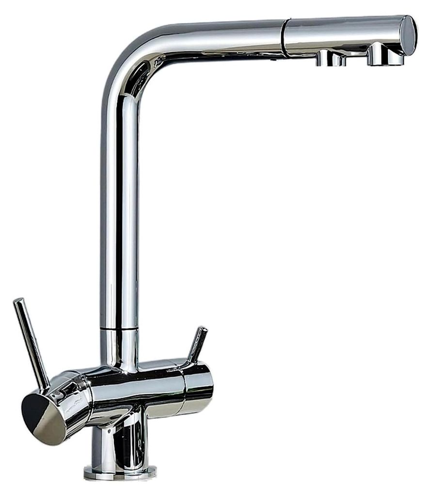 Küchenarmatur, ausziehbarer Wasserhahn mit Filter, 360-Grad-Drehung, Doppelsprüher, Trinkwasserhahn, Mischbatterie für das Waschbecken (Chrom)