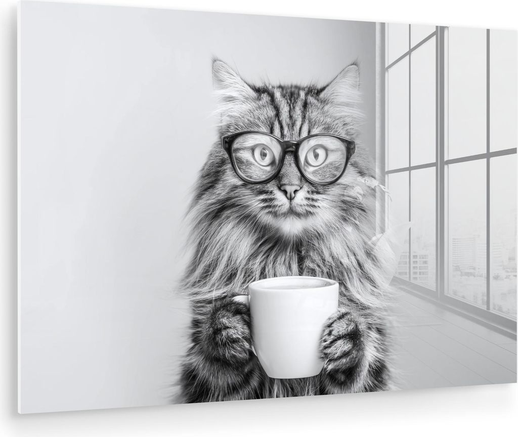 MuchoWow Glasbilder - Bilder auf Wandbild - Foto auf Glas Katze - Brille - Becher - Flauschig 120x80 cm Wanddekoration aus Glas - Acrylglasbild - A...