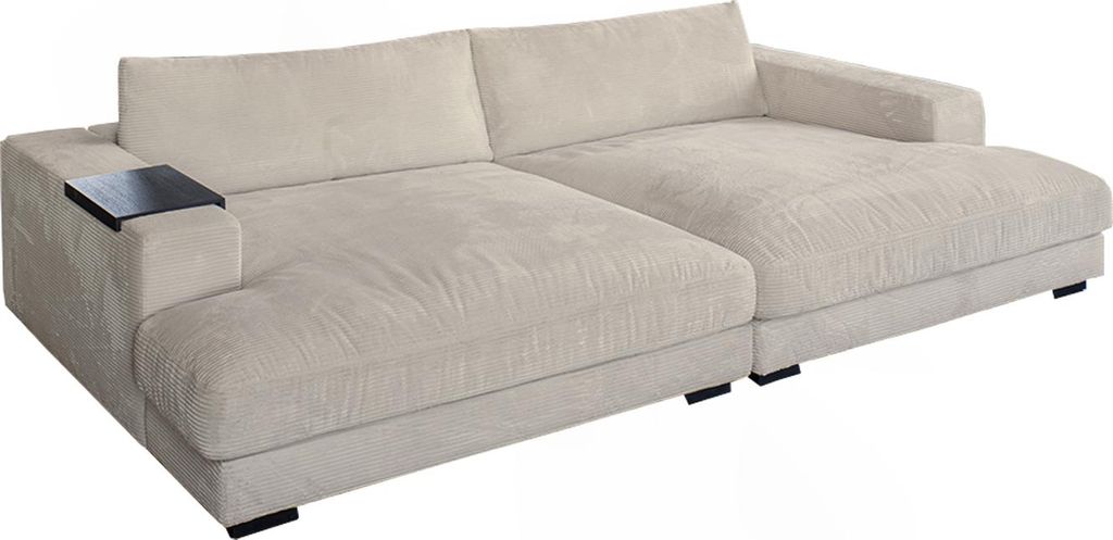 KAWOLA Big Sofa MADELINE mit Holztablett schwarz für Armlehne Cord cremeweiß