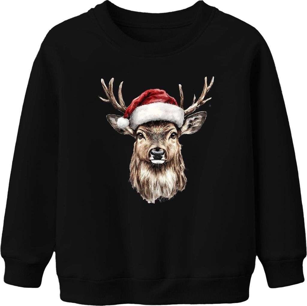 Weihnachten Rentier Santa Hut Geschenk Aquarell Vintage Uni Kinder Sweatshirt Pullover, Schwarz, 116