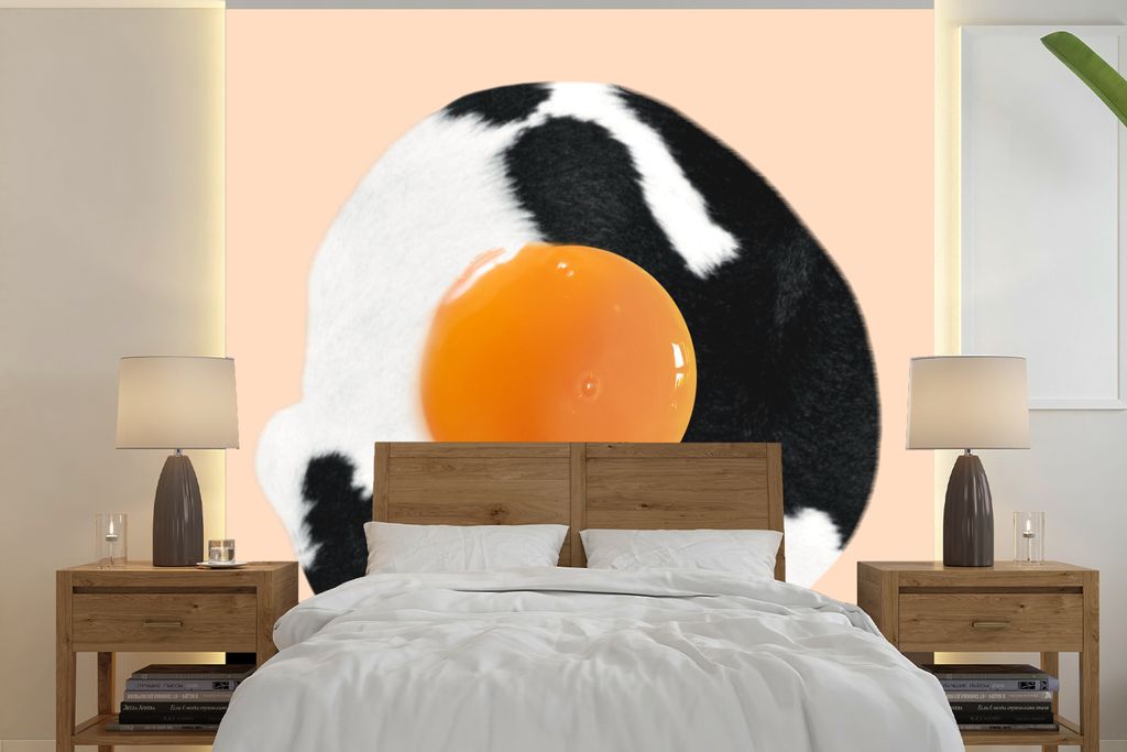 MuchoWow Fototapete für Wohnzimmer oder Schlafzimmer Wandtapete Vinyl Motivtapete Ei - Lebensmittel - Kuhdruck - Tiere - 240x240 cm - Schlafzimm...