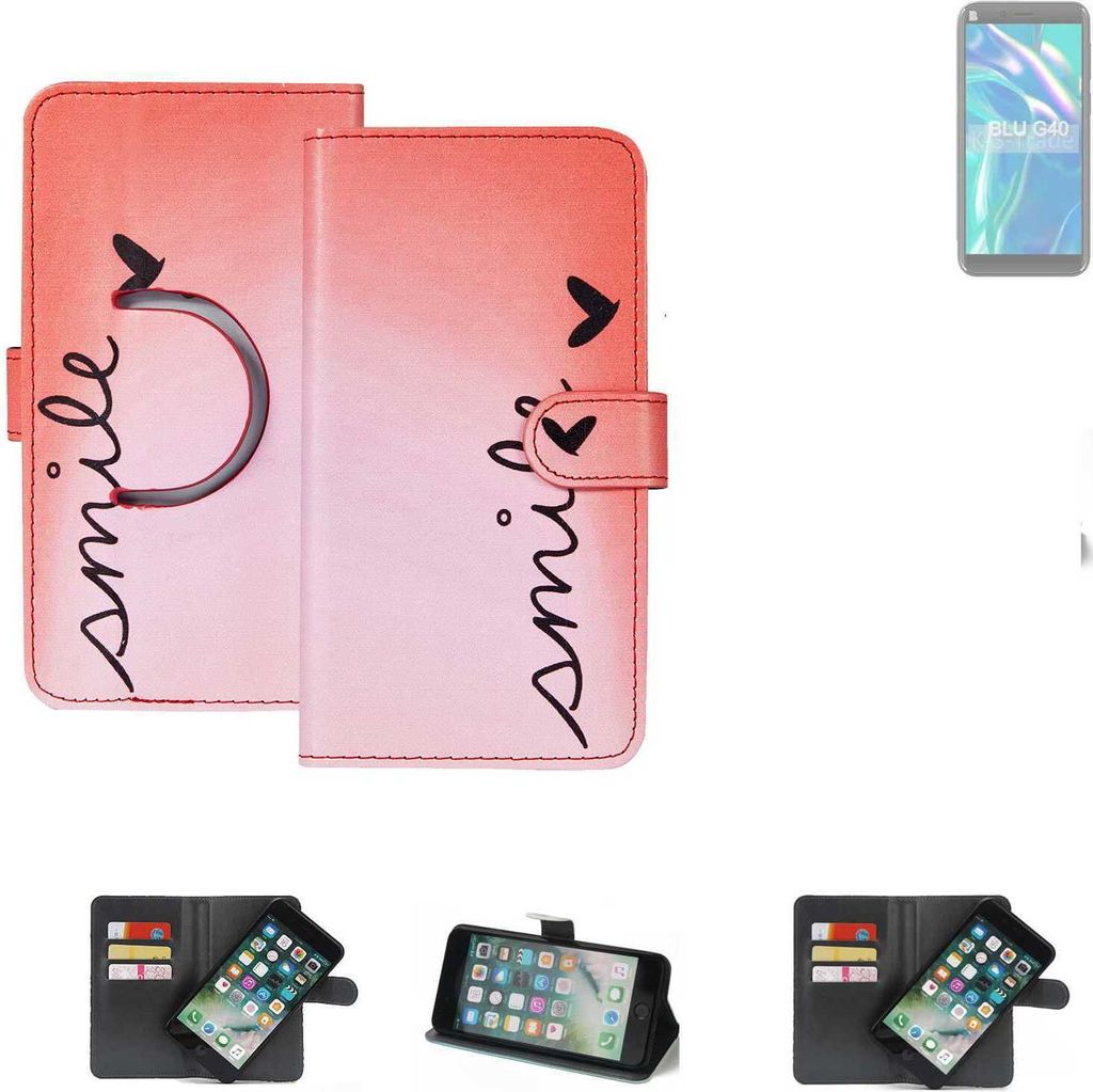 K-S-Trade Schutzhülle Handyhülle kompatibel mit BLU G40 Hülle cover bookstyle Etui ''smile'' rot Standfunktion Kameraschutz (1Stk)