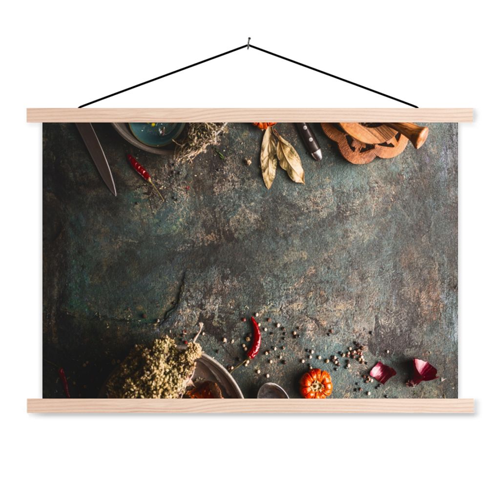 MuchoWow Textilposter Marmor - Gemüse - Herbst - Kürbis - Rustikal - Kräuter 60x40 cm mit holzfarbenen Rahmen - Bilder