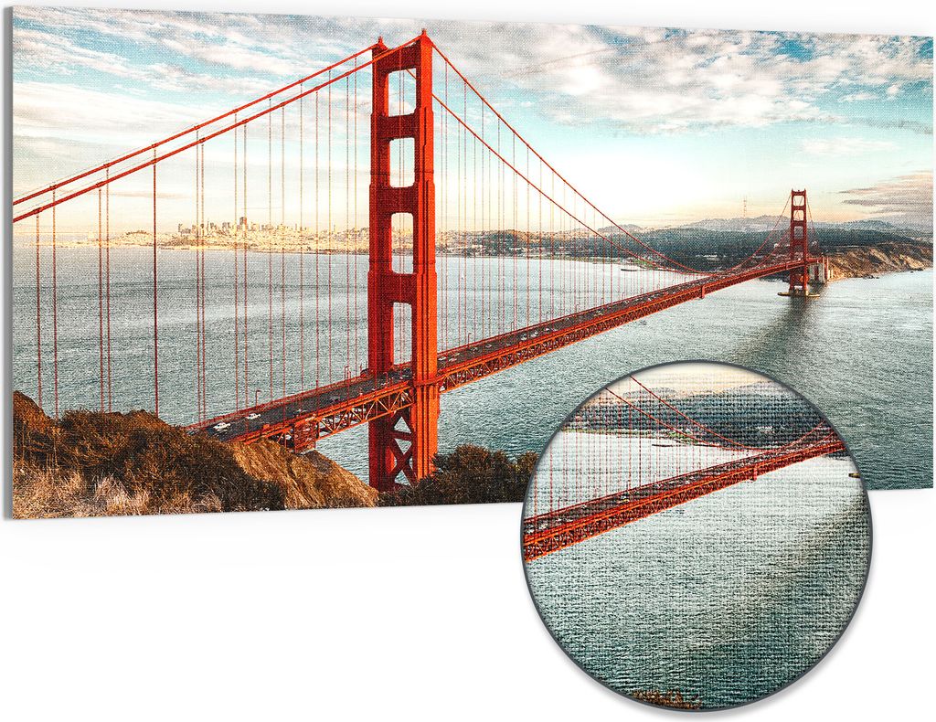 DEQORI Hybrid Leinwand Bild 100x50 cm 'Golden Gate Bridge' Wandbild Glas flach modern