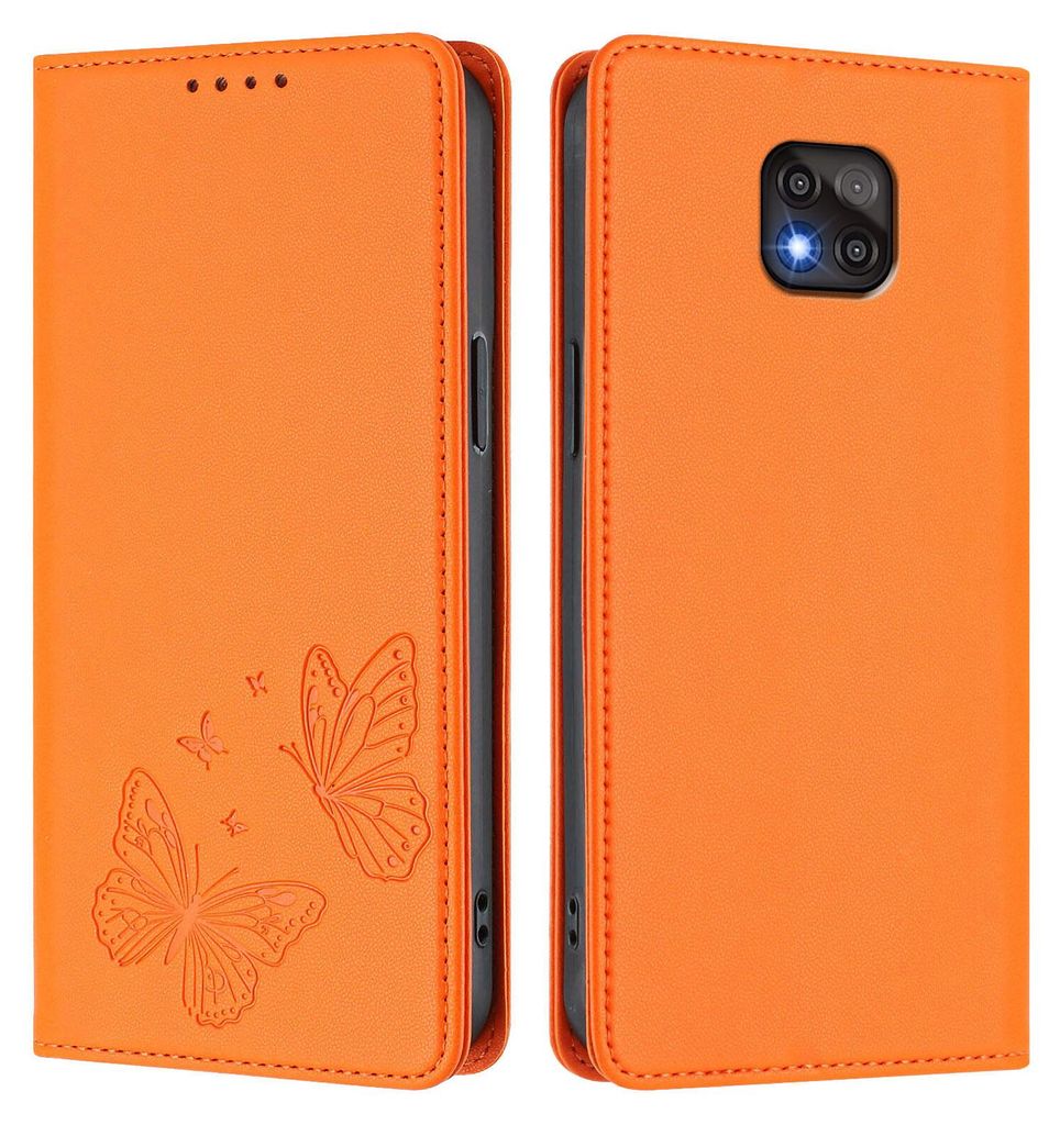 Lederhülle für Motorola Moto G Power 2021, Schmetterling Prägung Leder Brieftasche Schutzhülle mit Ständer Orange