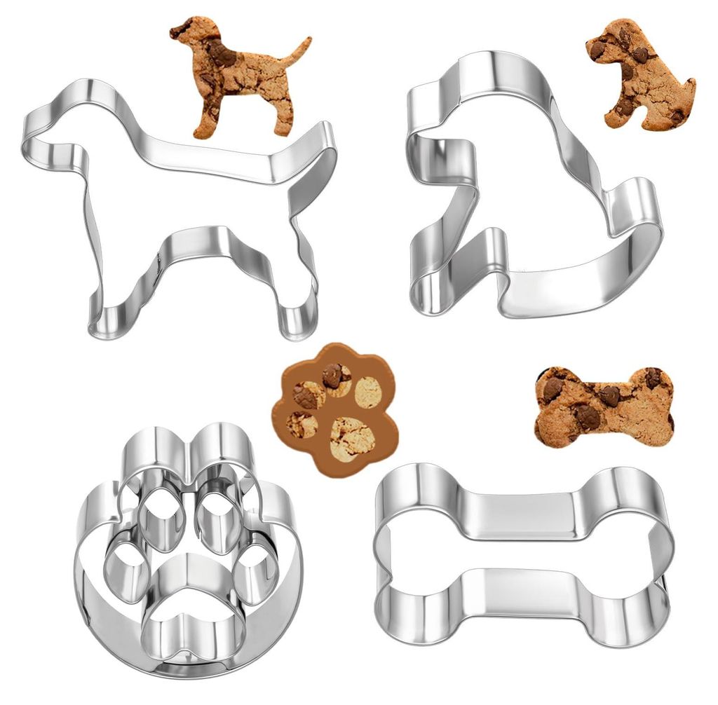 Set mit 4 Ausstechformen: Hundeknochen, Pfotenabdrücke, Haus und Welpe. Ausstechformen aus Edelstahl für Kindergebäck, Kindergeburtstage und Hun...