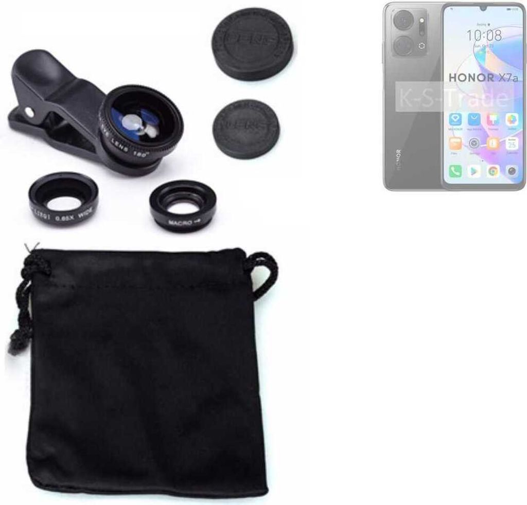 K-S-Trade Smartphone Kamera Linsen Set Kompatibel mit Honor X7a 3in1 Clip-On Kamera Adapter Macro Weitwinkel FishEye Fischauge Objektiv Linse