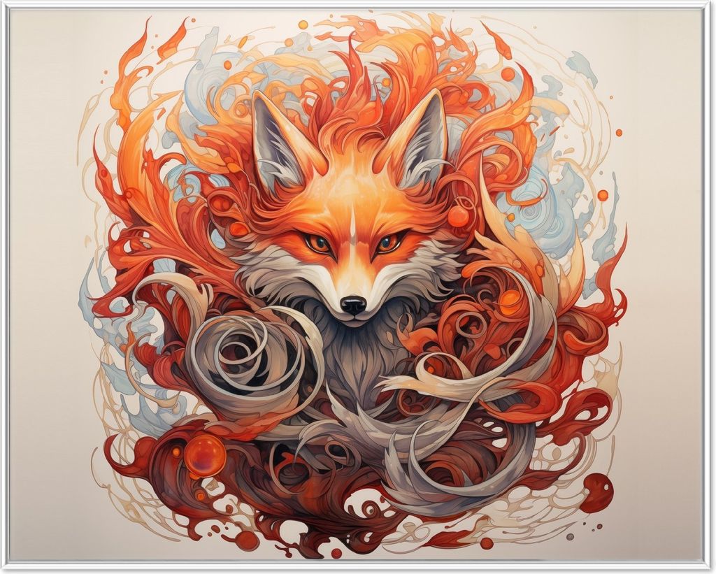 Wallario Wandbild Flammenfuchs, Größe: 40,30 x 50,30 cm, Poster mit weißem Aluminiumrahmen