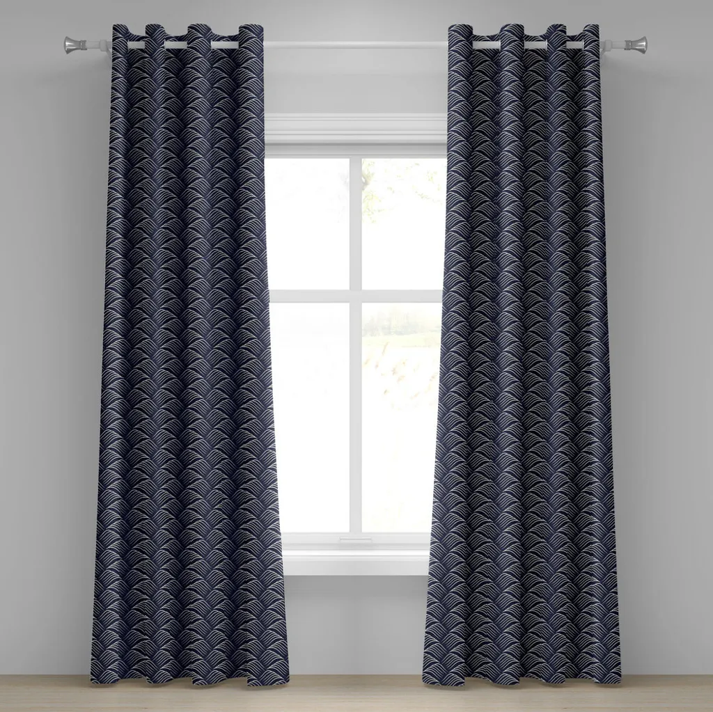 ABAKUHAUS Tenda con occhielli geometrici, disegno vintage con onde oceaniche e motivi ancestrali intrecciati, decorativa, 2 pannelli, 280 cm x 225 cm, blu scuro crema