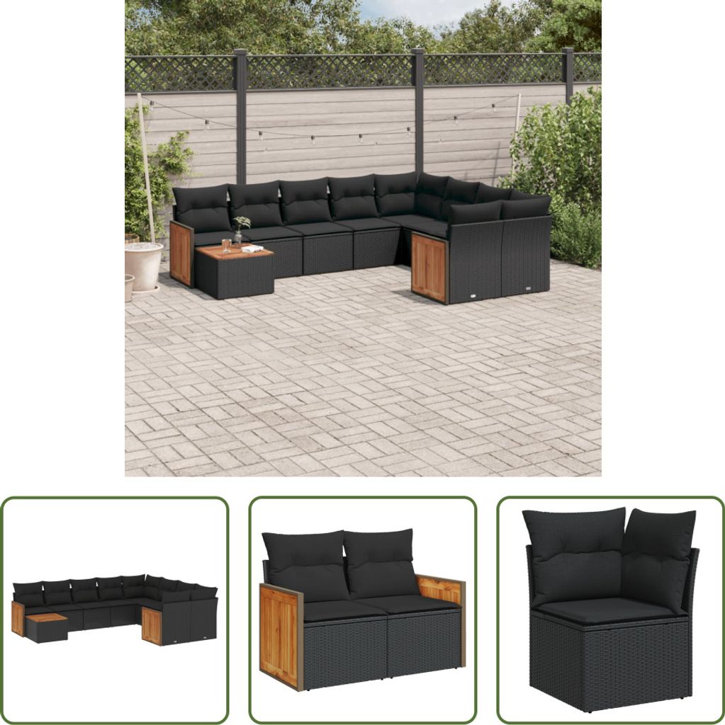 The Living Store 10-tlg. Garten-Sofagarnitur mit Kissen Schwarz Poly Rattan