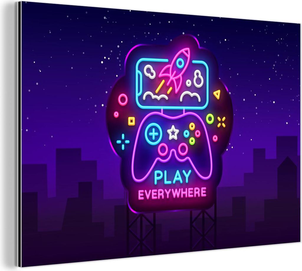 MuchoWow Wanddekoration Metall Metallbild Wandkunst 60x40 cm Gaming - Neon - Spielen - Blau - Nacht - Controller MuchoWow Aluminium Gemälde - Gem...