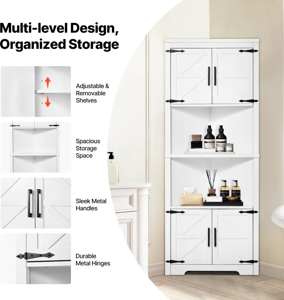 Armoire d'angle 4 portes bois blanc 171cm avec tablettes modulables - 4