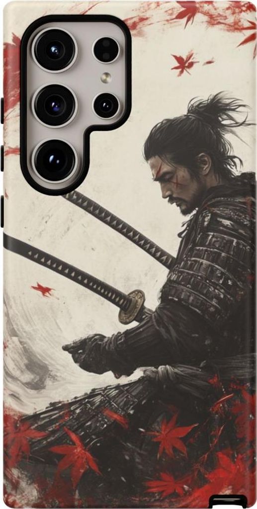 Samurai mit zwei Katanas und roten Ahornblättern – Hülle Kompatibel mit Galaxy S24 Ultra