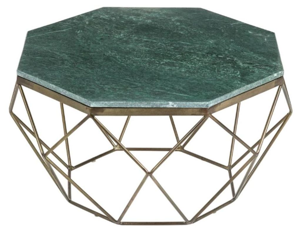 Couchtisch NEXORA 70 cm aus grünem Marmor und Eisen mit Messing-Finish im geometrischen Design
