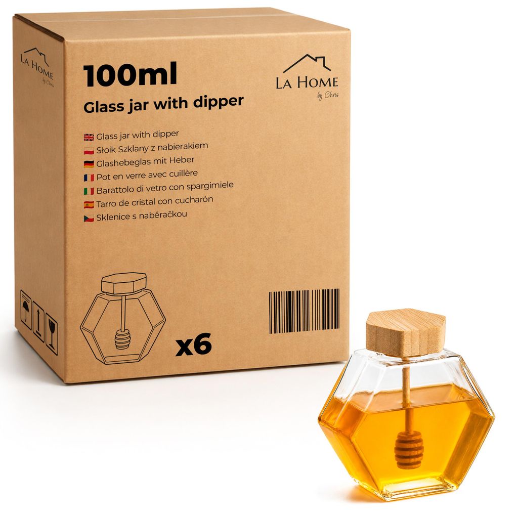 6x Honigglas mit Honiglöffel 100ml - Hexagon Glasbehälter Produktbild 