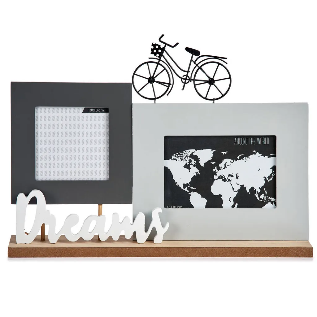 Pêle-mêle photo de table avec panneau décoratif et figurine de vélo