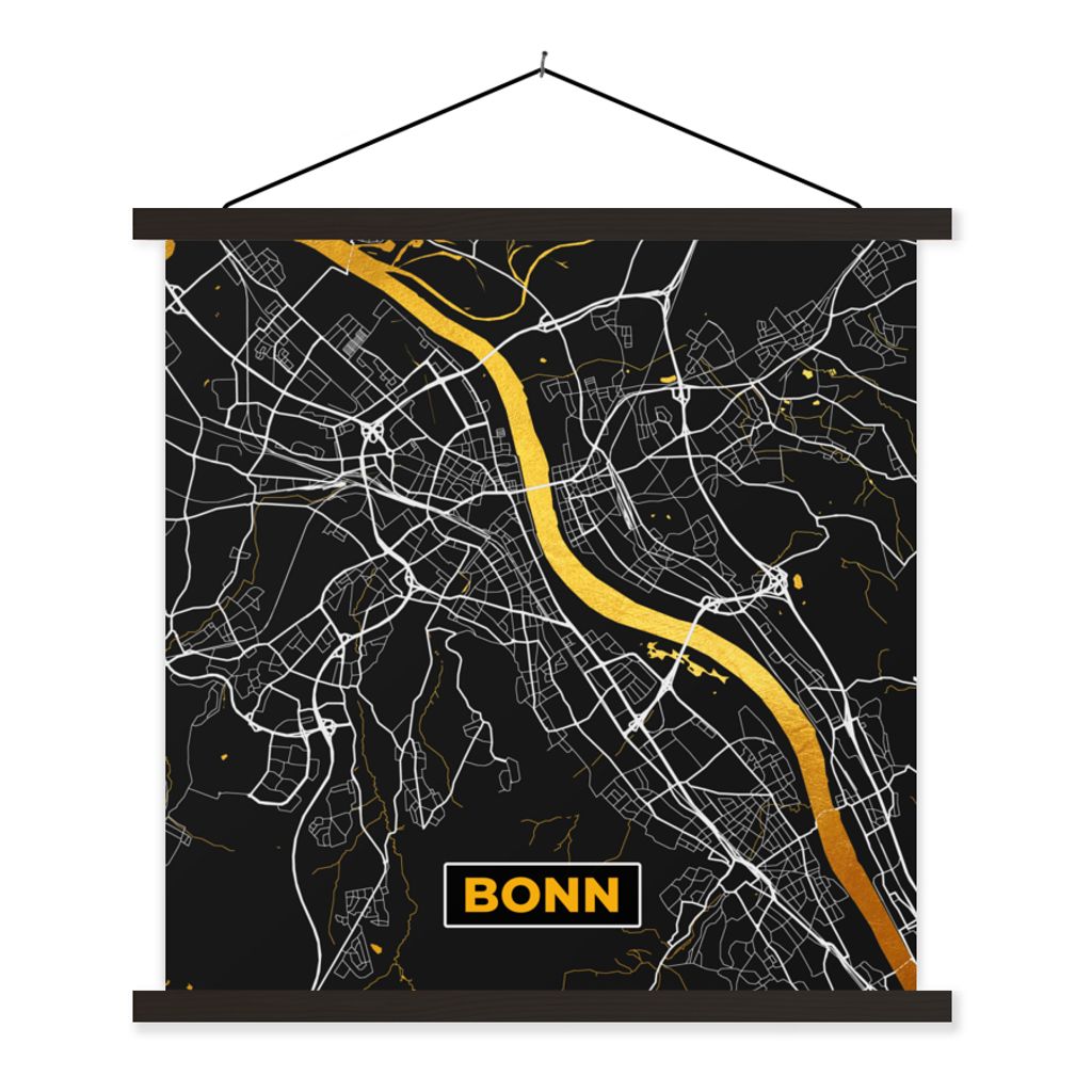 MuchoWow Textilposter Bonn - Stadtplan - Karte - Gold - Deutschland 60x60 cm mit schwarzem Rahmen - Posteraufhänger