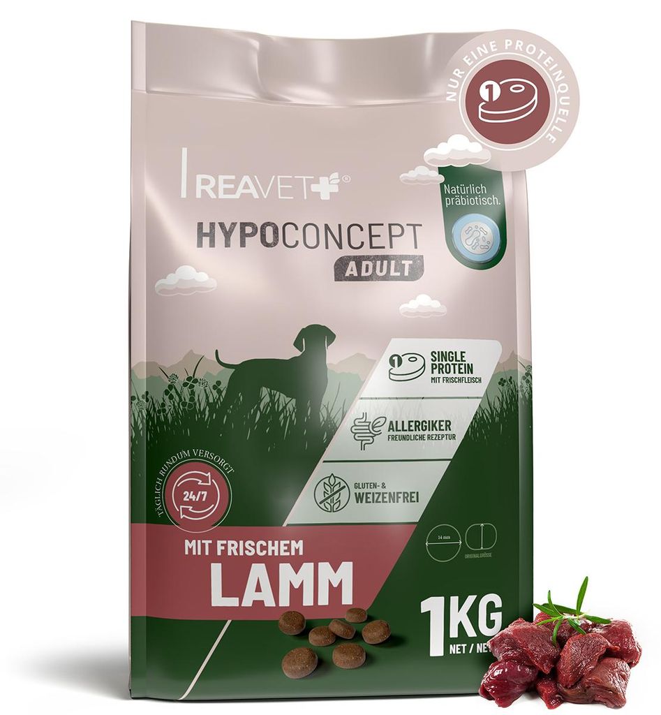 REAVET HYPOCONCEPT Hundetrockenfutter Lamm 1kg – Single-Protein mit Frischfleisch | Weizenfrei & ohne Zucker | Trockenfutter Adult für alle Hund...