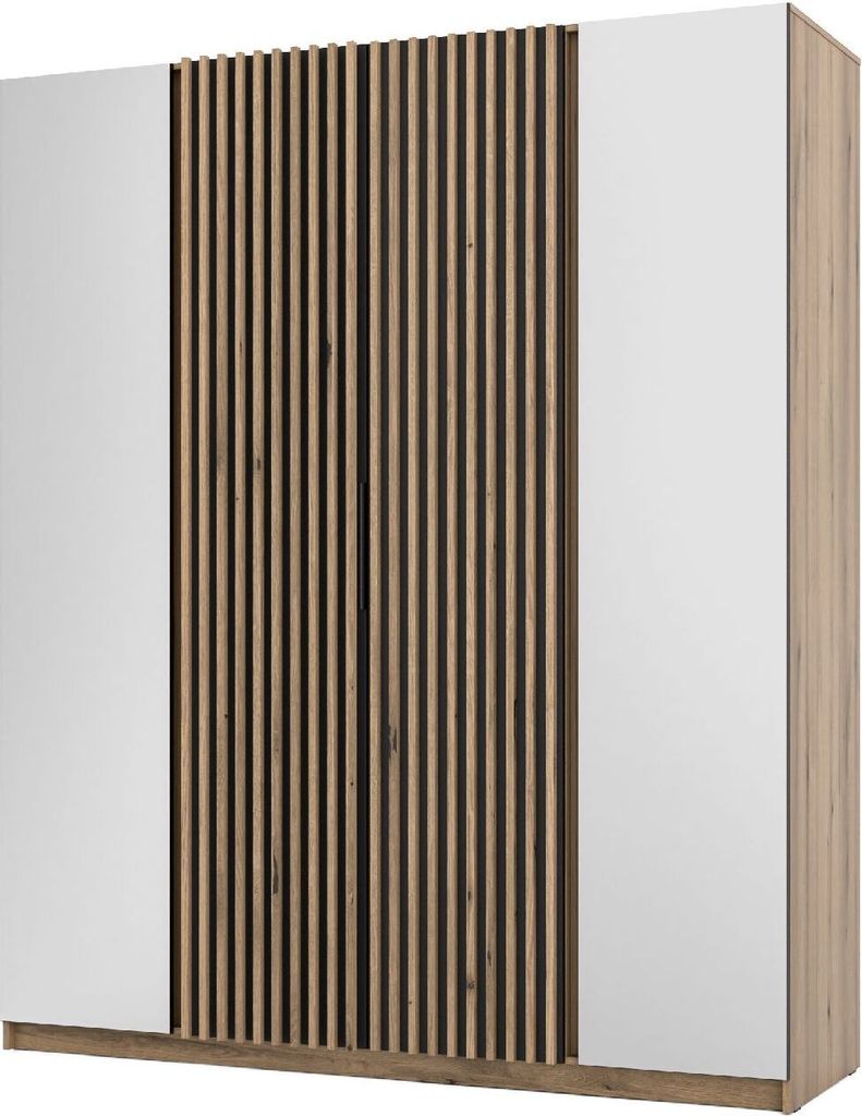 Kleiderschrank KAJA 14 200 cm mit Lamellen und Spiegiel EV/BL-EV mit vier Türen Eiche Evoke / Schwarz- Eiche Evoke