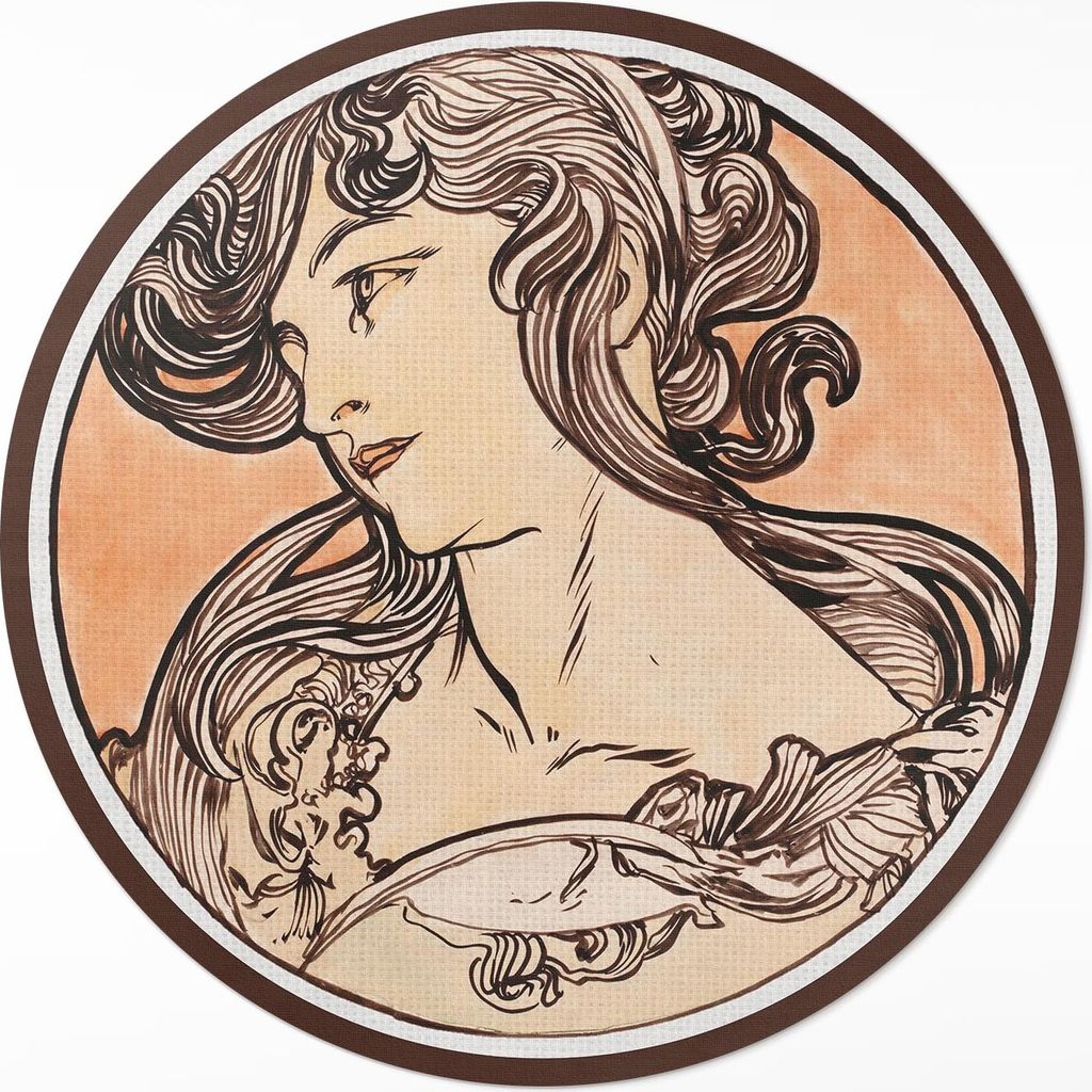 Porträt einer Frau von Alphonse Mucha– Vinylteppich – Indoor Teppich – Flur – Pflegeleicht – Runder Teppich – PVC Teppich – Outdoor ...