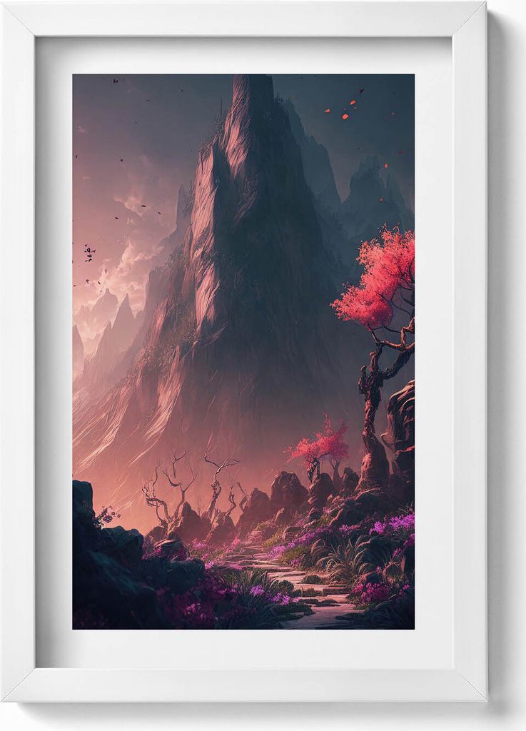 Magischer Wald und Berge– Wandbild mit Rahmen – Gerahmtes Bild – Wanddekoration – 20x30 cm – Weiß