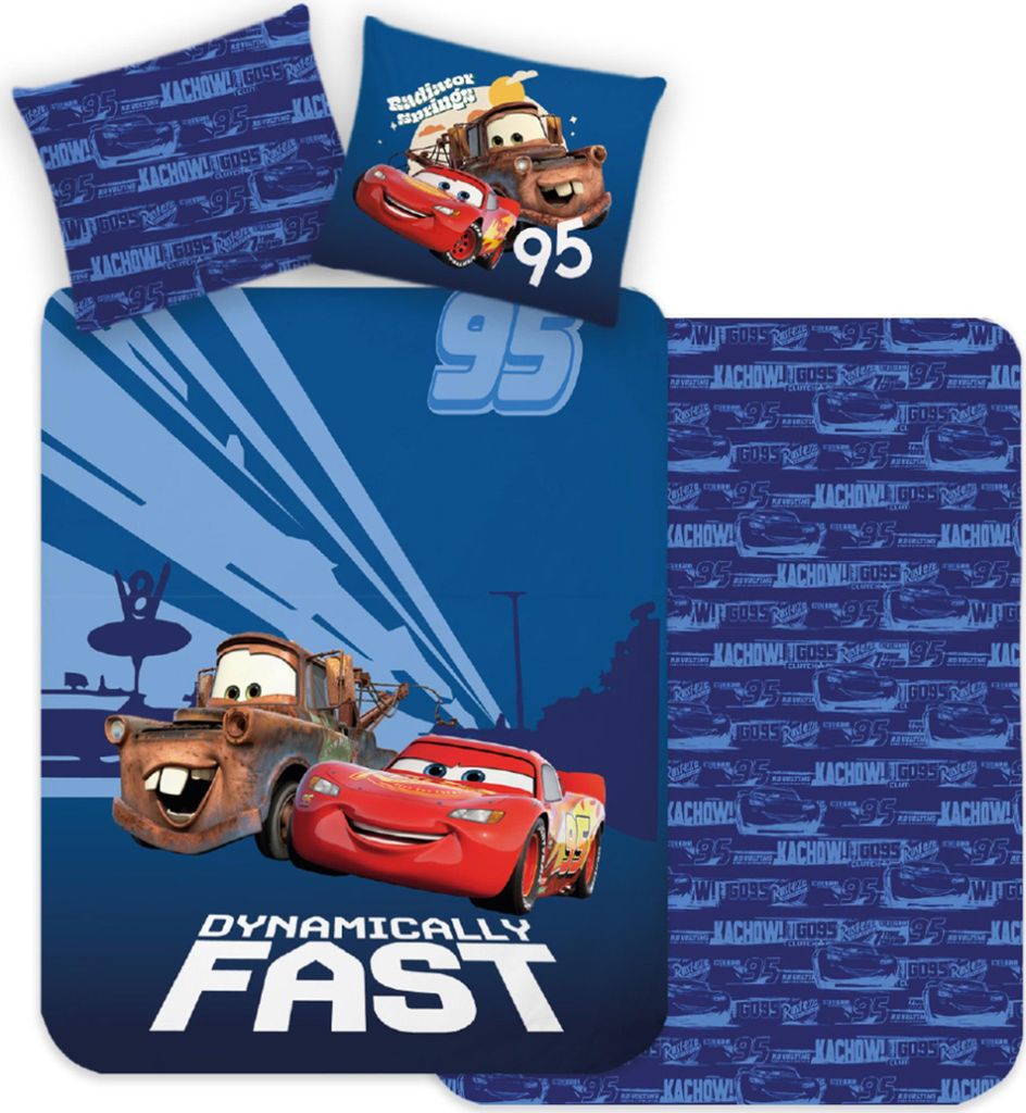 A collection of bedding items featuring characters from the movie Cars.