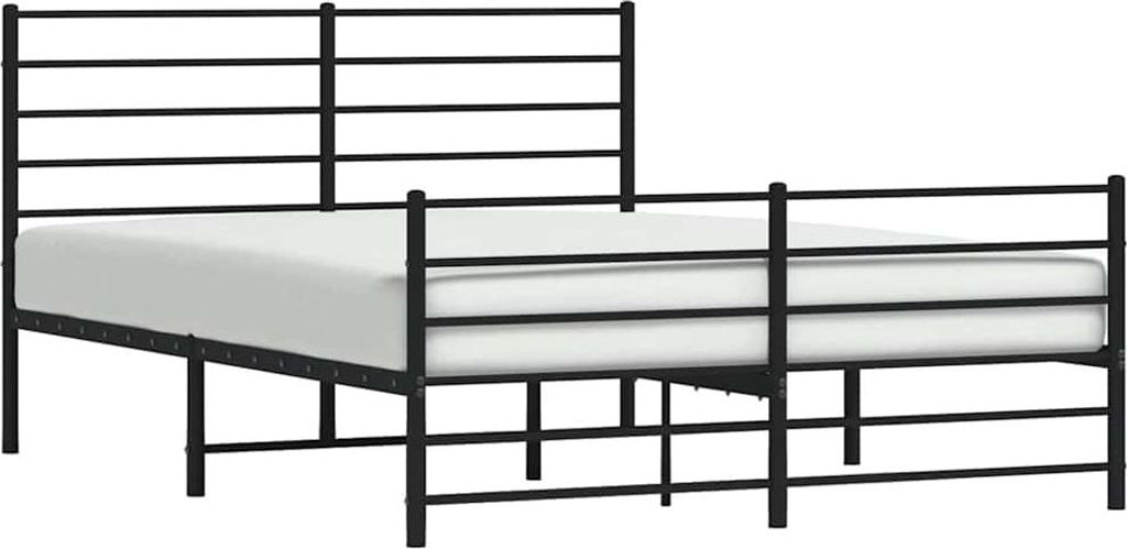 A black metal bed frame with a white mattress is shown against a white background.