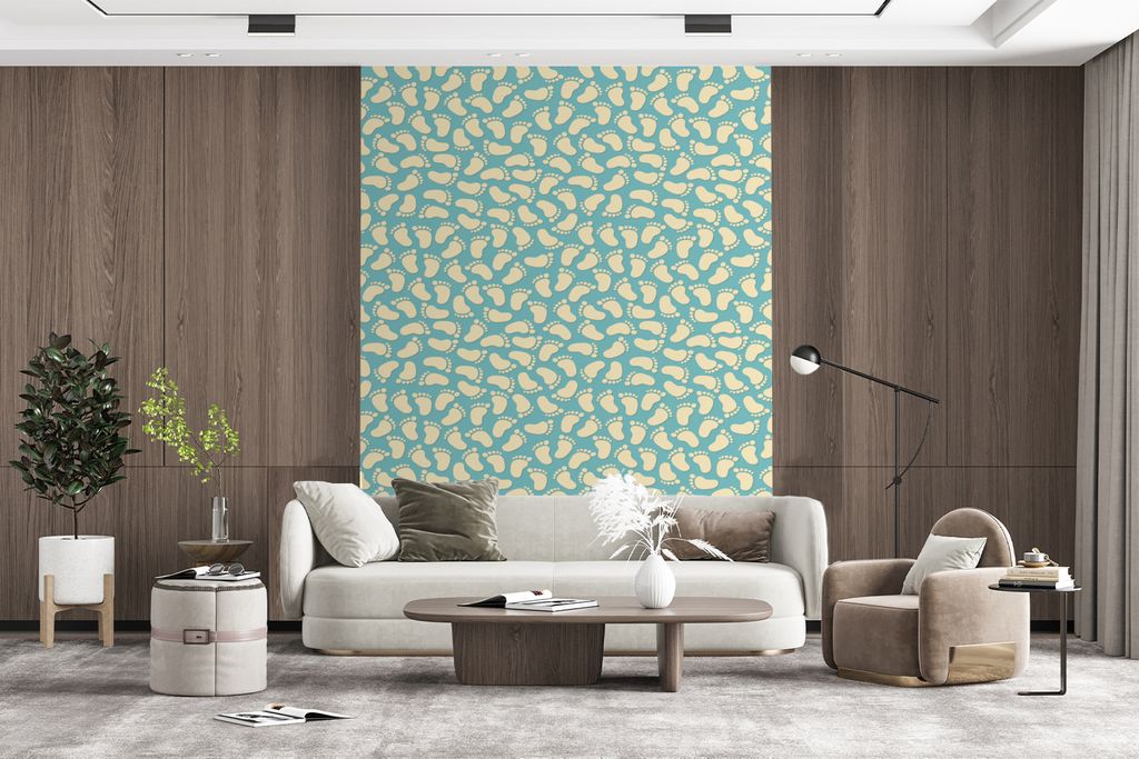 MuchoWow Fototapete für Wohnzimmer oder Schlafzimmer Wandtapete Vinyl Motivtapete Muster - Fuß - Blau - Jungen - Kinder - Kleiner Junge - 160x2...