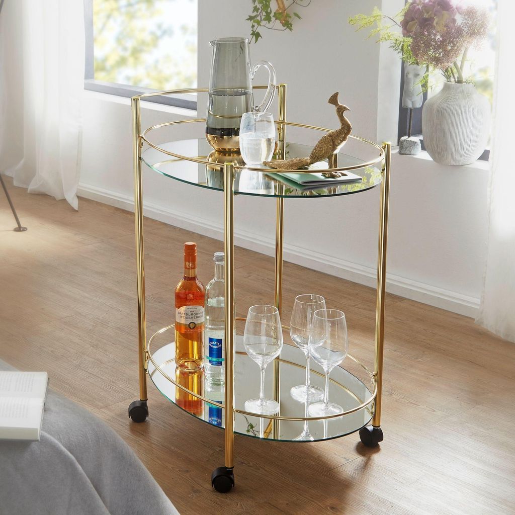 WOHNLING Design Servierwagen Gold 67x79 cm Mobile Mini Bar Beistelltisch auf Rollen Speisewagen mit Glasplatte Weiß Küchenwagen Teewagen mit Milc...