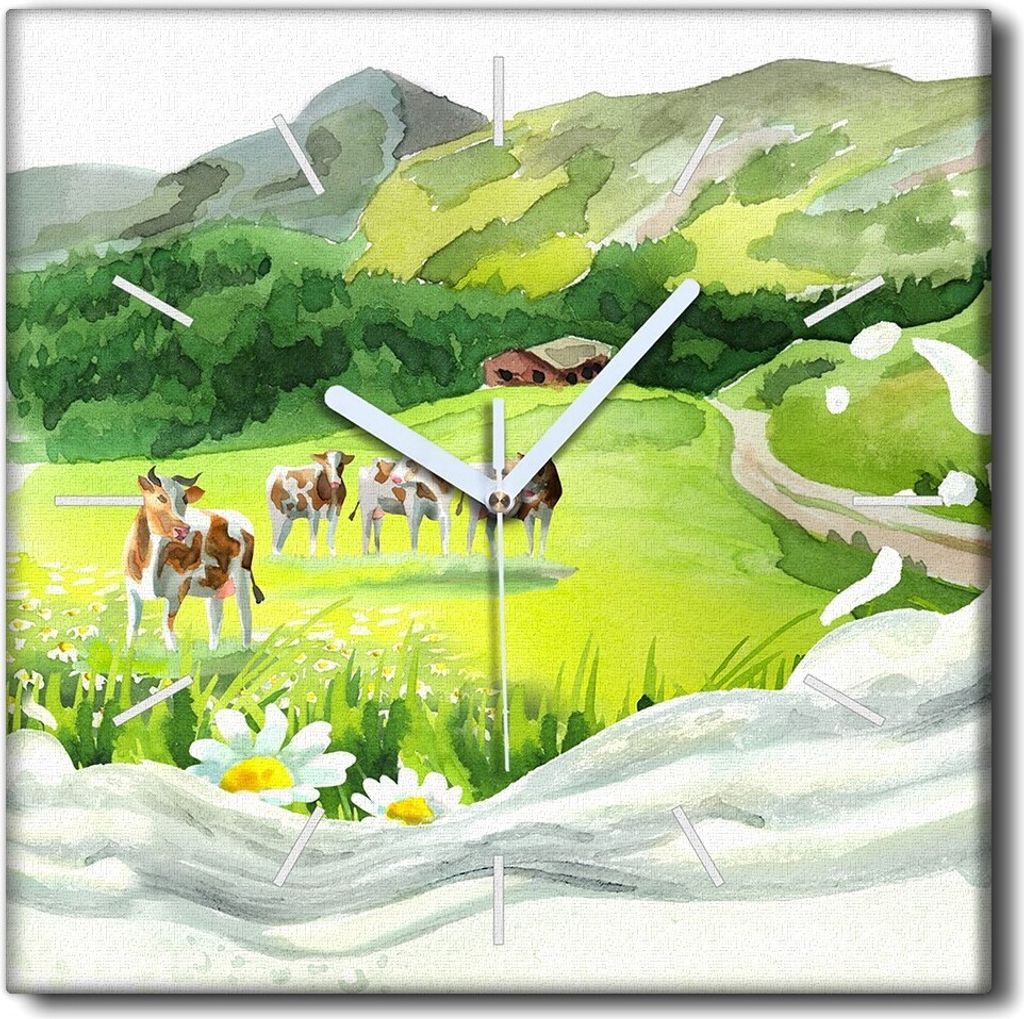 Coloray Uhr auf Leinwand 30x30 cm Wand Uhr Dekoration Wohnzimmer Segeltuch weiße Zeiger -Kuhwiesenmilch.