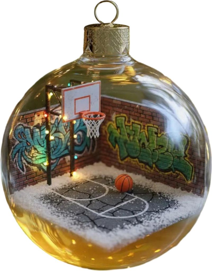 3D-Schneeball-Weihnachtsbaumschmuck mit Sportmotiven, transparenter Kunststoffball zum Aufhängen für den Weihnachtsbaum.