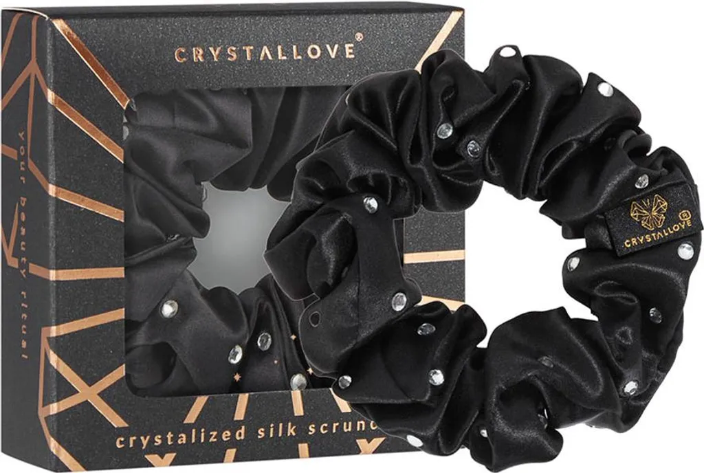 Chouchou en soie CRYSTALLOVE noir anti-casse cristaux pour cheveux fins