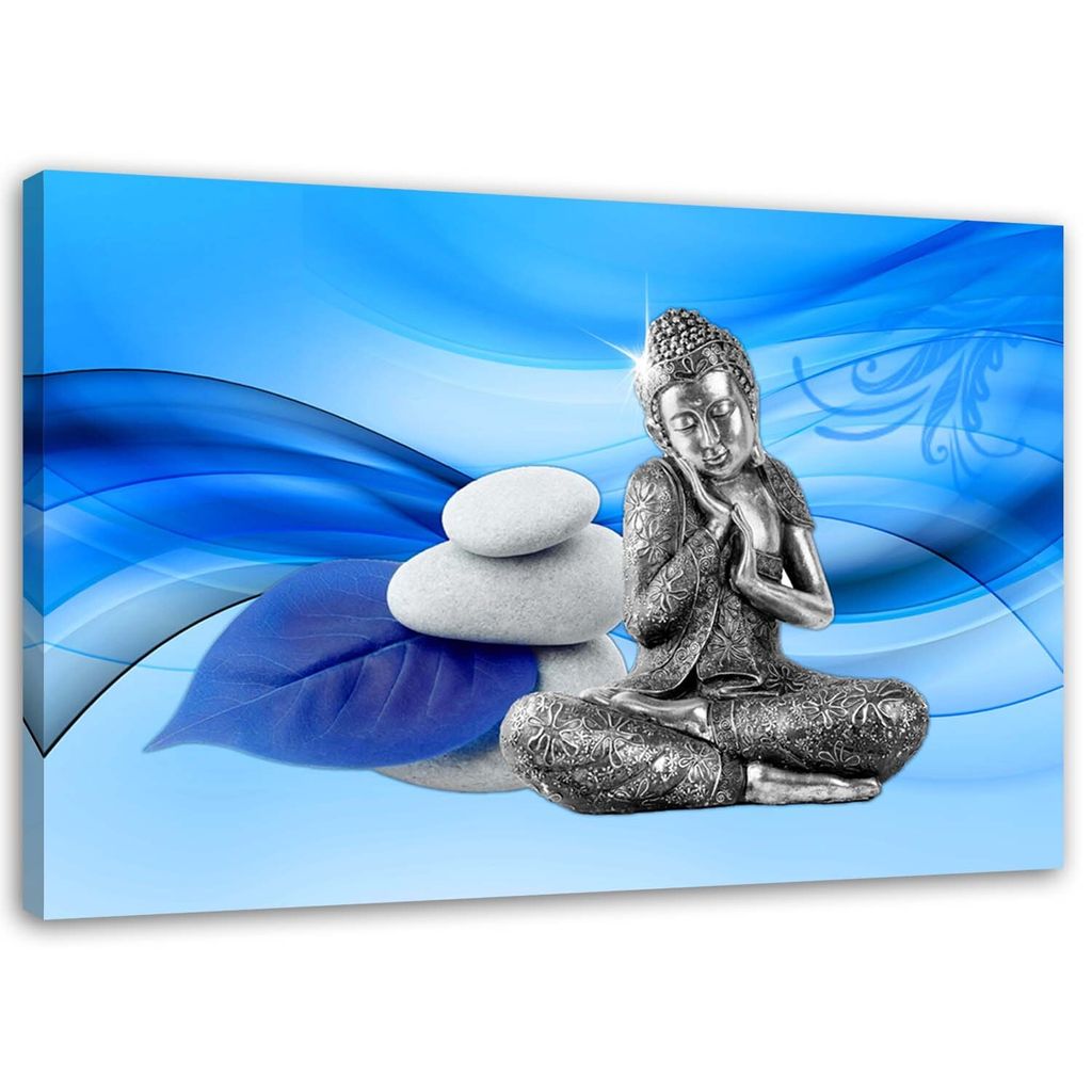 Leinwandbild buddha-figur auf blauem hintergrund 60x40 cm Feeby blau wandbild bereit zum aufhängen