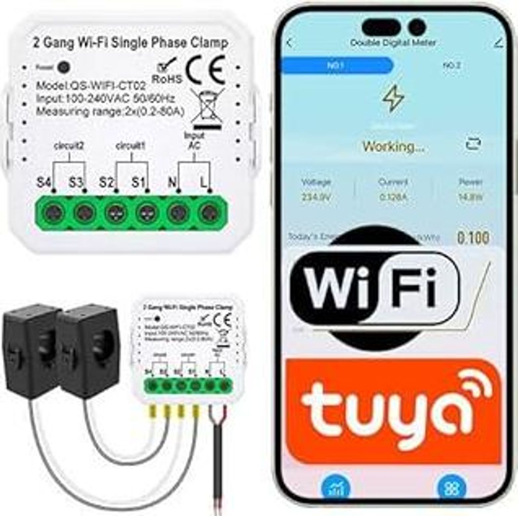 Sone Smart One – Smartmeter WiFi Stromzähler 240V/2x80A – Energiezähler mit App – Kompakt 39,2mm – Smart Life/Tuya – IP20 – Hutschien...