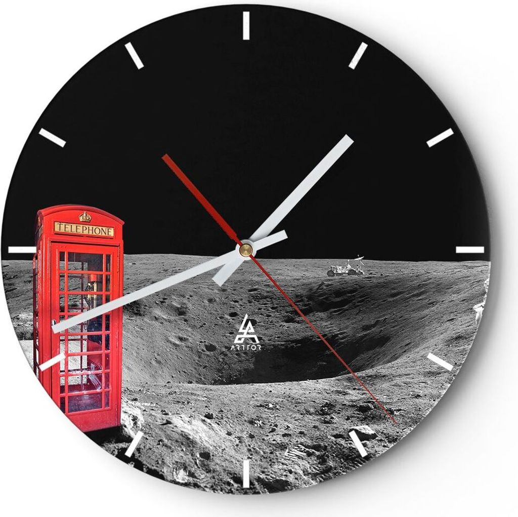 Wanduhr - Rund - Glasuhr - Telefon london Mond Astronaut - 30x30cm - Schleichendes Uhrwerk - Lautlos - zum Aufhängen bereit - Dekoration Modern - ...