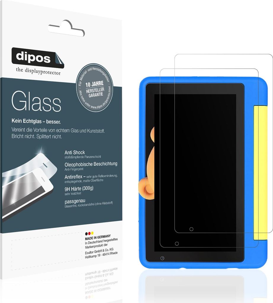2x Schutzfolie für Happybe Kids Tablet 7 Zoll matt - Anti-Shock 9H Folie dipos Glass Kunststoffglas