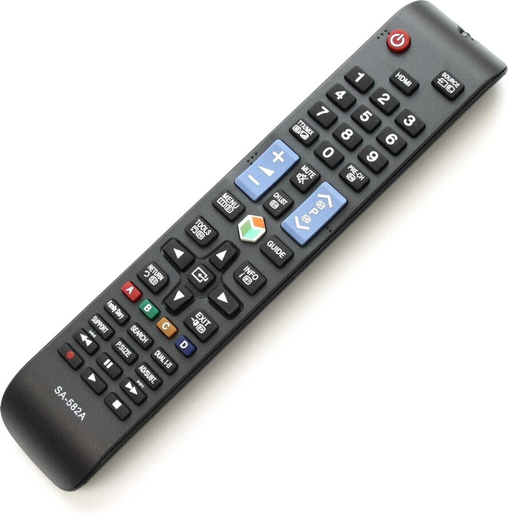 A black TV remote control is shown on a white background.