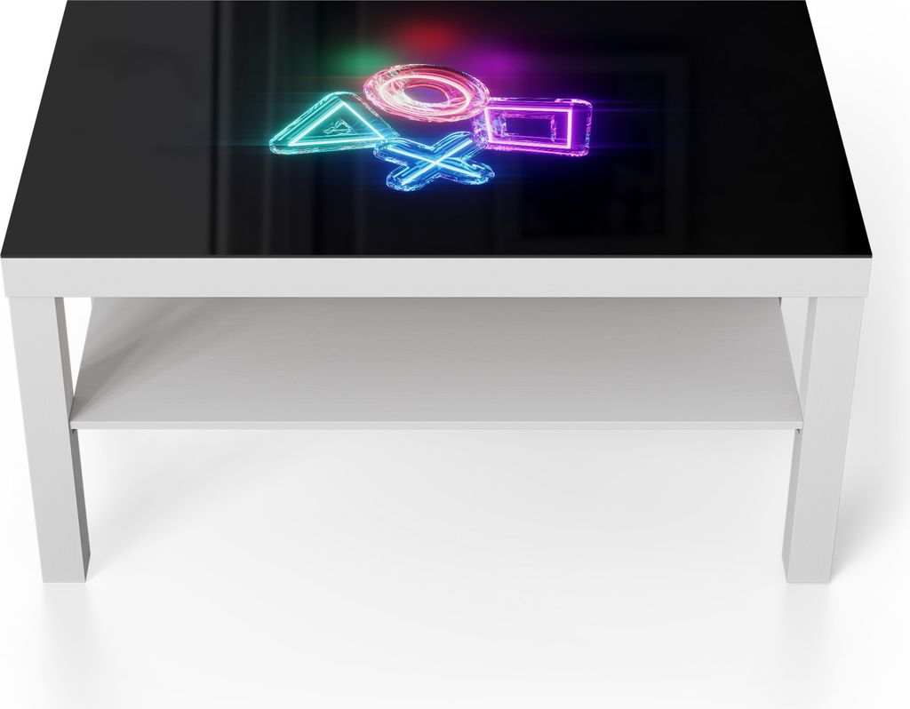DEQORI Couchtisch 90x55 cm Weiß 'Neon Gaming Symbole' Glas Beistelltisch Glastisch modern