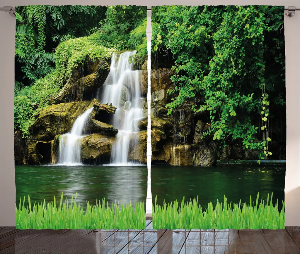 Rideau à Fronces Vert Motif Cascade Lake Garden en Tissu Résistant