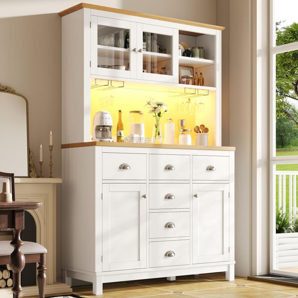 Landhausstil Buffet / Küchenschrank mit LED & Flaschenhalter, 4 Türen,Stauraum und Dekoration, Größe: 104x40x180cm,Weiß