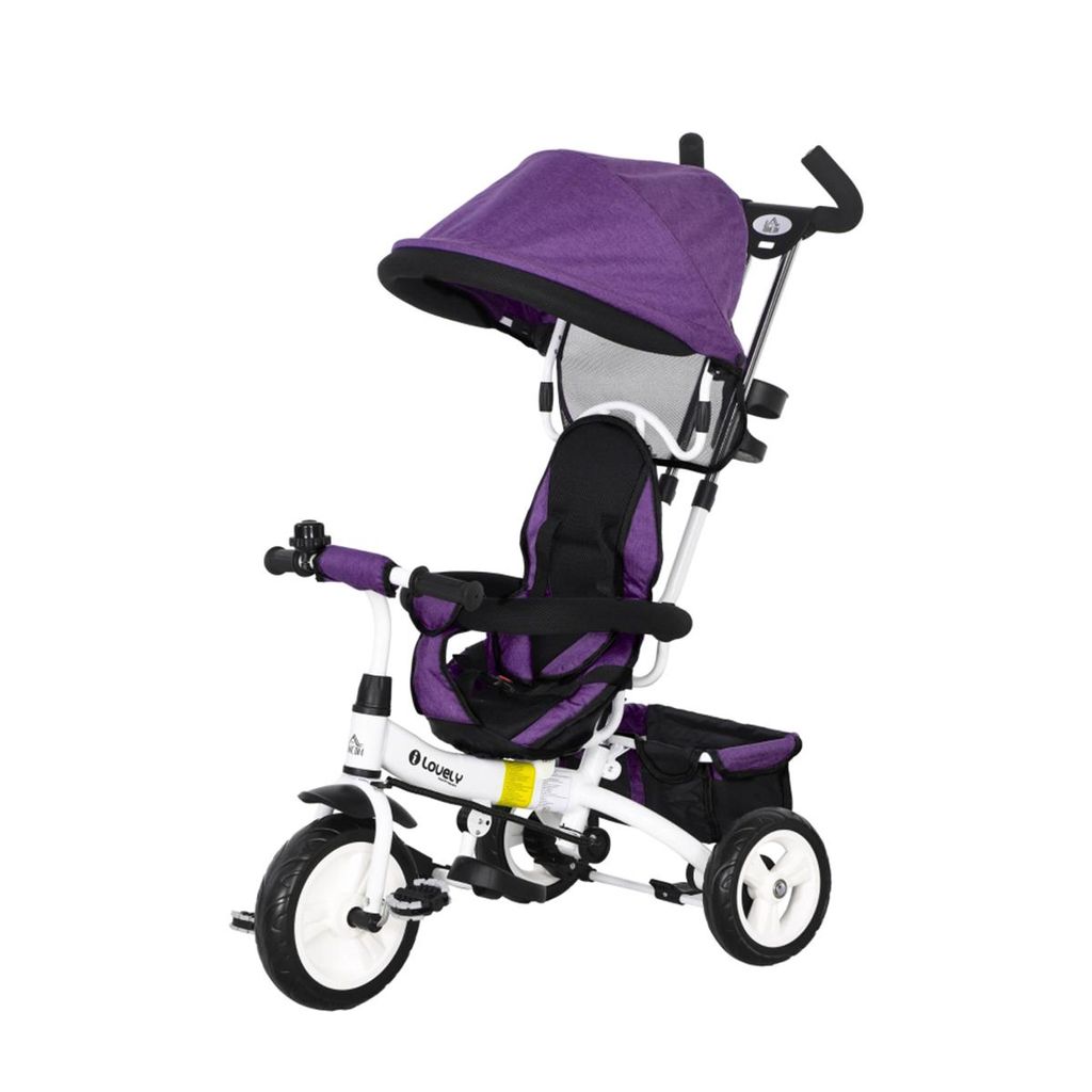 Kinderdreirad 6-in-1 mit Schiebestange Dach Gurt und Ablagekorb Dreirad Kinderwagen Fahrrad für 1-5 Jahre Kinder Violett