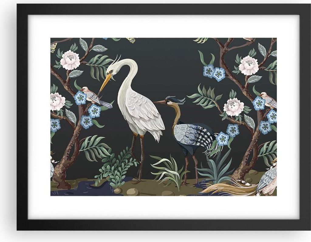 Gerahmtes Poster - Schwarzer Rahmen - Asiatisch Reiher Blumen - 40x30 cm - Wand Bild - Wanddeko - Wandbilder - Kunstposter - Wandposter - Bilderrah...