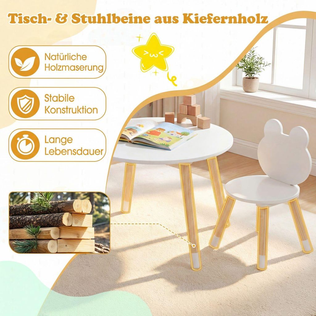 Kindertisch- und 2-Stuhl-Set, Holzbeine, Weiß