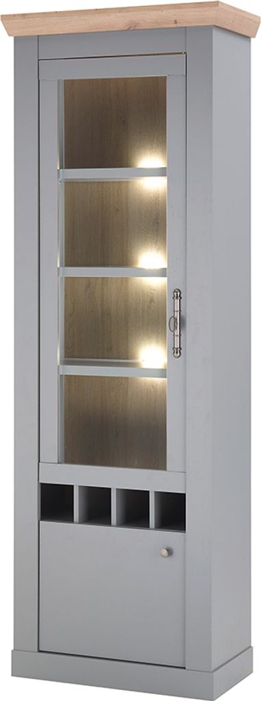 Wohn-/Esszimmer Vitrine mit LED Beleuchtung und Weinregal in grau mit Artisan Eiche Nb. CHATHAM-61, B/H/T ca. 71/201/37 cm