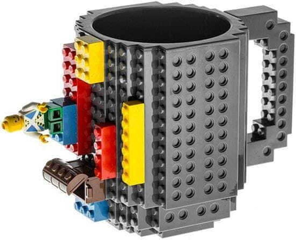 A LEGO-compatible coffee mug with building blocks attached.