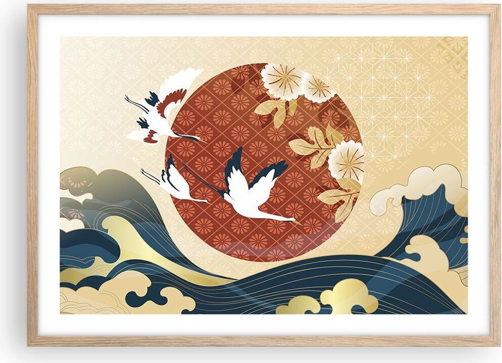 Gerahmtes Poster - Rahmen in heller Eiche - Reiher Sonne Meer - 70x50 cm - Wand Bild - Wanddeko - Wandbilder - Kunstposter - Wandposter - Bilderrah...