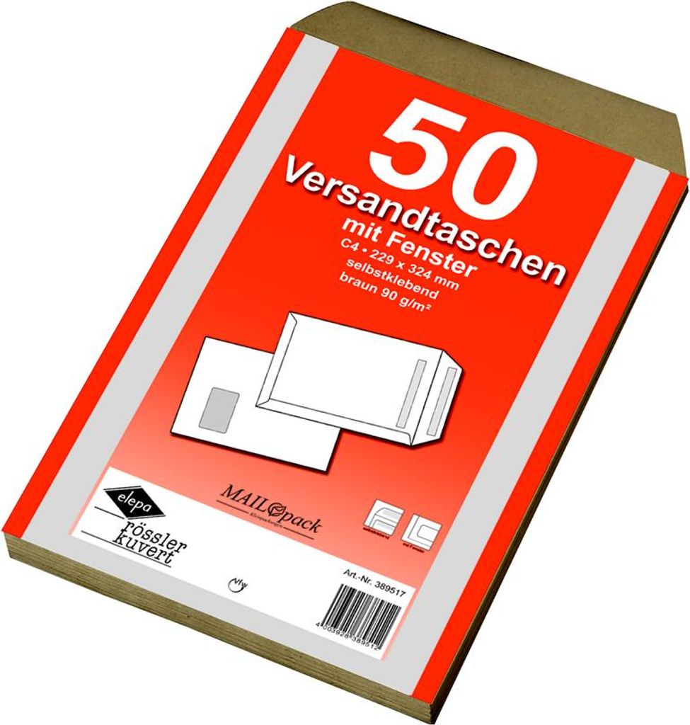 250 (5X 50Stk) Versandtaschen DIN C4 braun mit Fenster