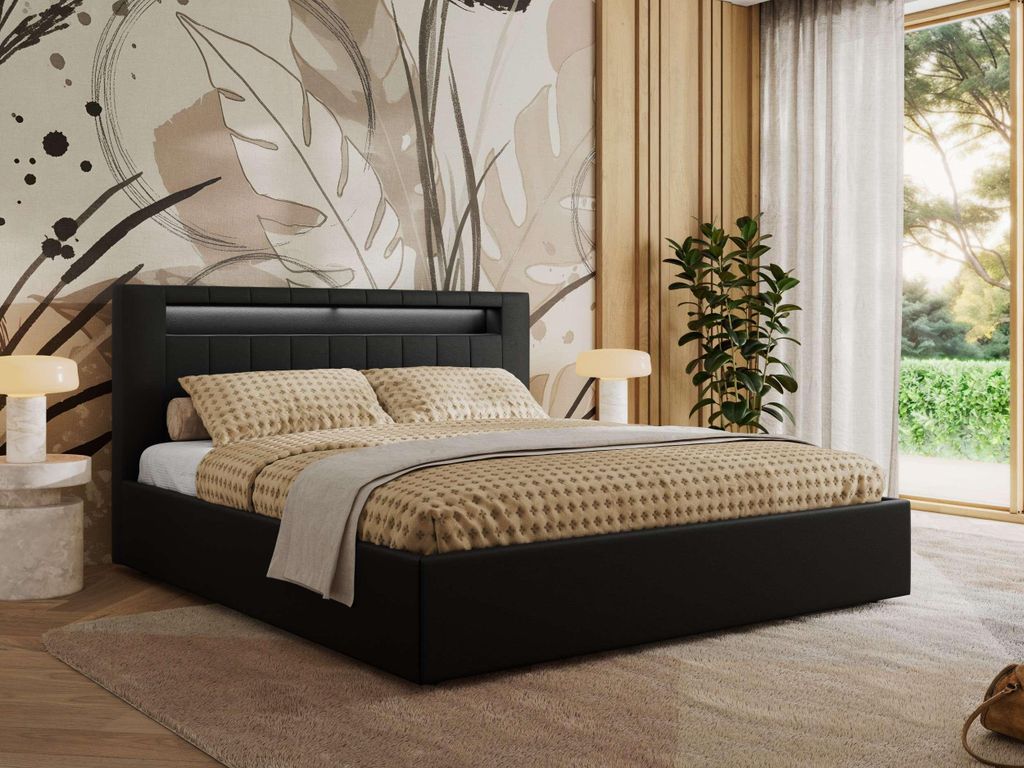 MKS MEBLE Polsterbett Doppelbett mit Holzlattenrost GOLD 5 CLASSIC Bettkasten LED Beleuchtung Gasdruckfeder Foam Matratze - MIRO LUX 160x200 - Schw...