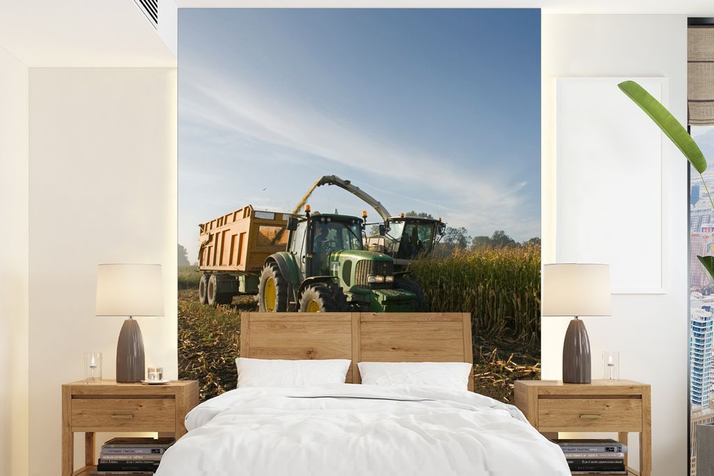 MuchoWow Fototapete für Wohnzimmer oder Schlafzimmer Wandtapete Vinyl Motivtapete Traktor - Anhänger - Mais - Grün - Landleben - 205x280 cm - ...