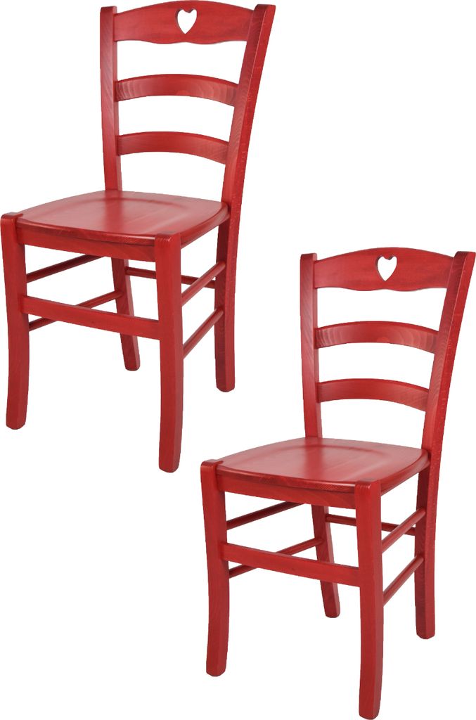Two red wooden chairs with heart cutouts on a white background.